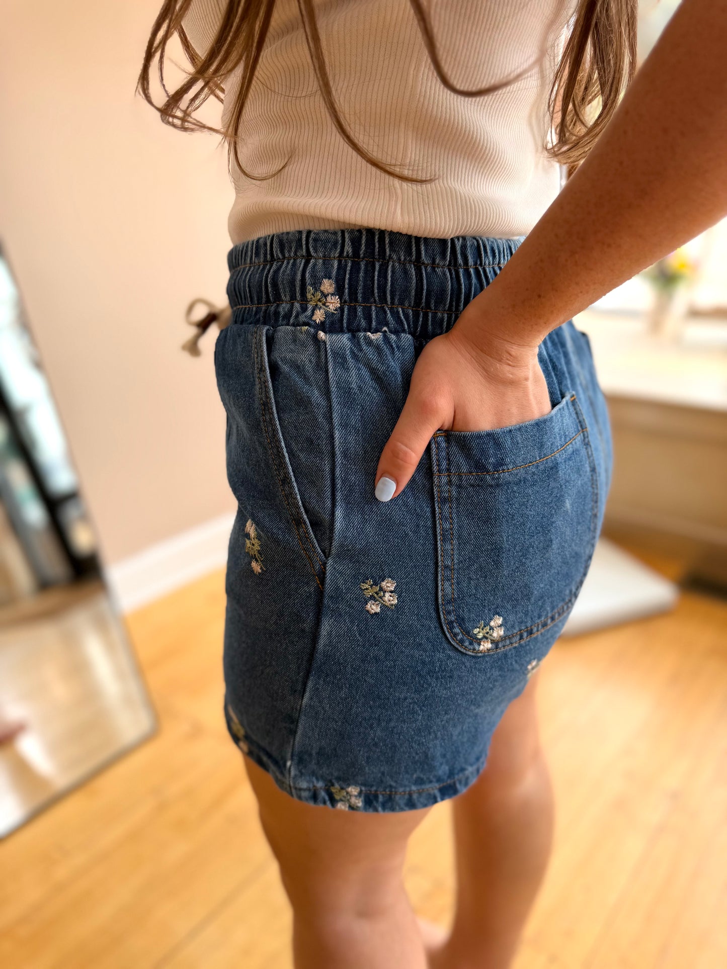 Denim Embroidered Shorts